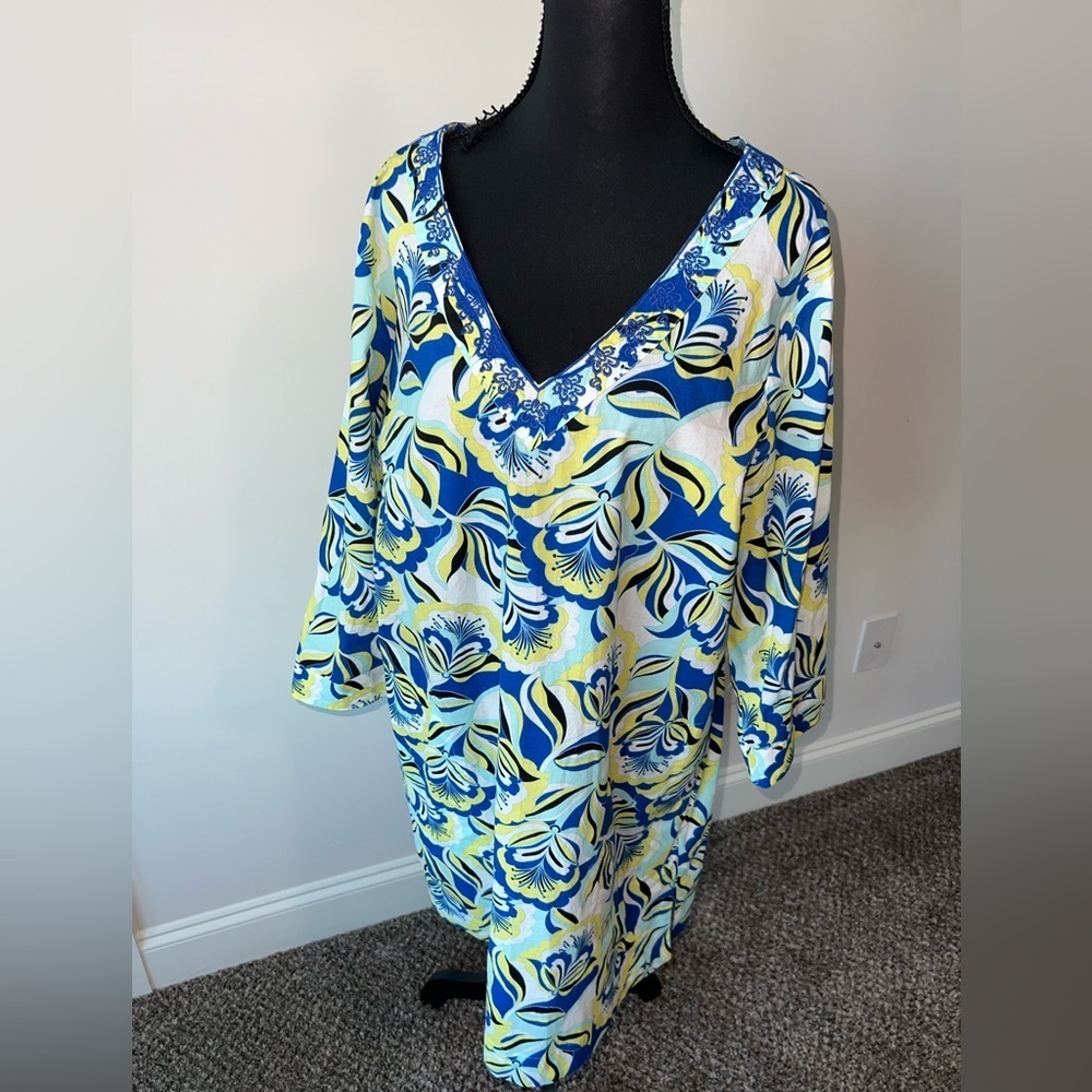 Lands’ End Pool Beach 100% Cotton Cover up Casual V Neck Dress Blue Yellow L